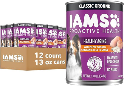 IAMS Proactive Health Senior Wet Dog Food, Classic Ground Dog Wet Food, Slow Cooked Chicken and Rice, 13 oz. Cans (Pack of 12)