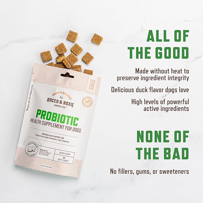 Rocco & Roxie Probiotics for Dogs, Support Gut and Digestive Health, Anti Diarrhea, Constipation & Gas Relief, Allergies, & Itchy Skin, Prebiotics, Enzymes, Puppy to Senior Dog Supplements Chews 60ct