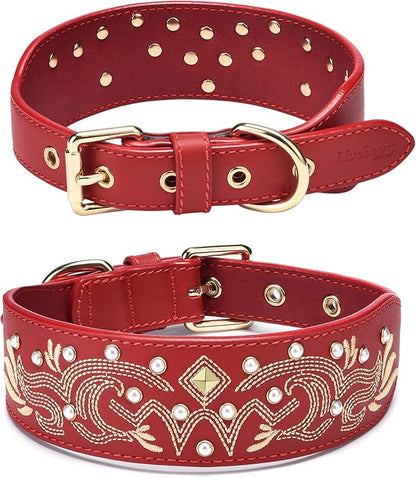 Blueberry Pet Western Leather Dog Collar - Genuine Leather with Floral Embroidery & Pearl Studs, Adjustable 18-22 Inch Neck for Large Dogs, Comfortable and Stylish Pet Collar
