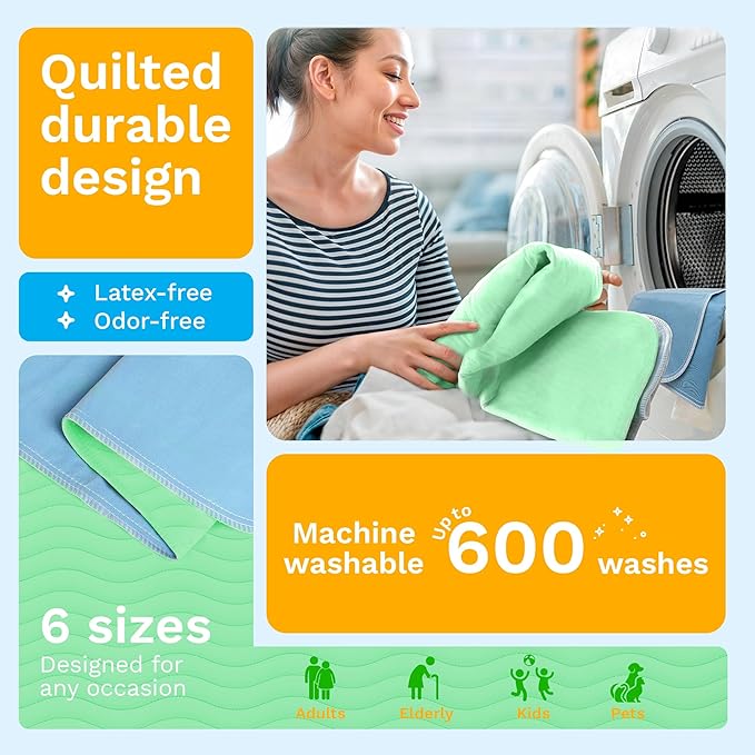 GREEN LIFESTYLE® Washable Underpads - Heavy Absorbency Reusable Bedwetting Incontinence Pads for Kids, Adults, Elderly, and Pets - Toddler Mattress Pads for Bed, Sofa, Floor (Pack of 2 - 34x52)