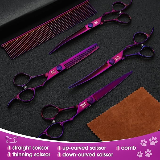 JASON Dog Grooming Scissors Set - Professional 6 in 1 Dog Shears Kit - 6.5" Thinning, 7" Straight, 7" Up-Curved, 7" Down-curved Scissors and Comb for Cat Pet with Adjustable Screw (Purple) Gift