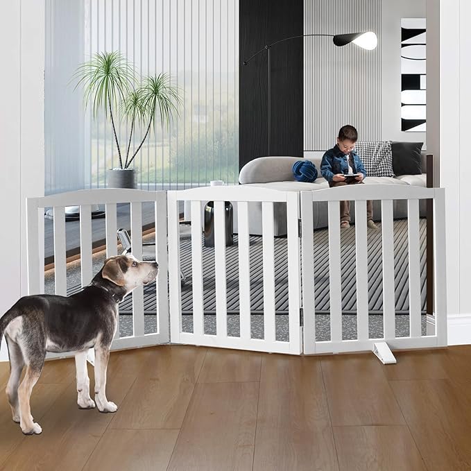 Freestanding Dog Gate Indoor,Doggie Gate Foldable Dog Gates for Doorways,Stairs or Hallways, Wooden White Pet Gate for The House, Pet Fence with Support Feet Included,24 "Height-3 Panels