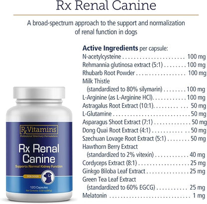 Rx Vitamins Rx Renal Canine Kidney Support for Dogs - Milk Thistle Extract, Green Tea, & Cordyceps Capsules for Dogs - Dog Kidney Support Supplement - 120 ct