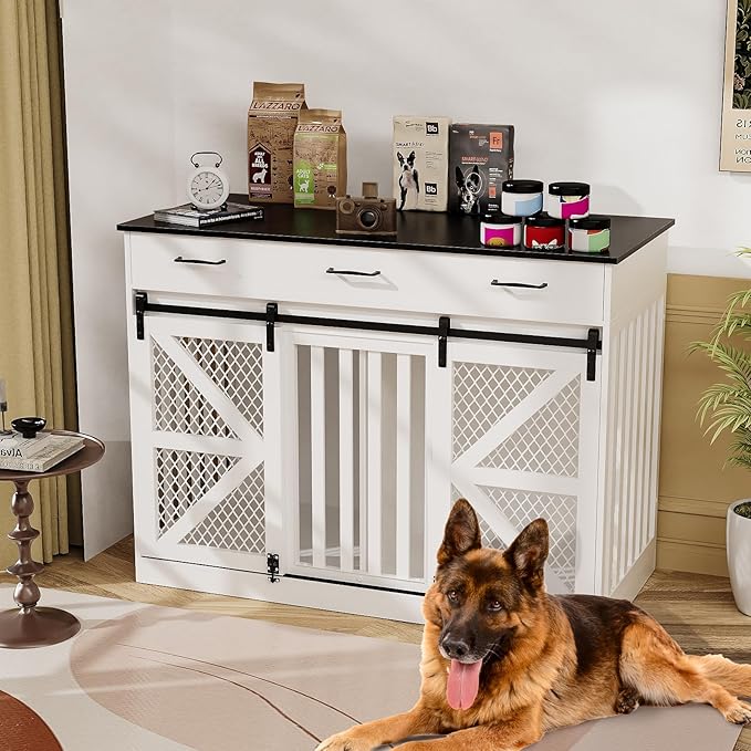 47 Inch Wooden Dog Crate Furniture for 2 Dogs with Removable Divider & Storage Drawers, Double Door Kennel for Medium and Extra Large Dogs, Farmhouse Dog Cage Side End Table for Indoor use, White