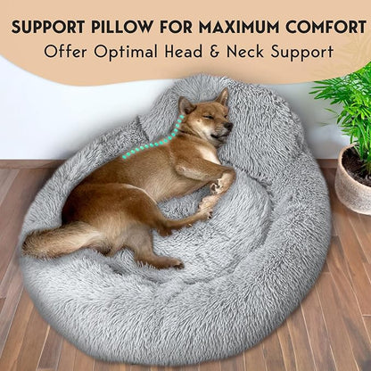 PetJett Calming Dog Bed Medium Size Dog - 30'' Donut Bed, Anti-Slip & Washable Super Soft Fluffy Plush Round Bed, Anti-Anxiety Premium Comfort Pet Bed, Fits Dogs up to 45 lbs - Bright Grey
