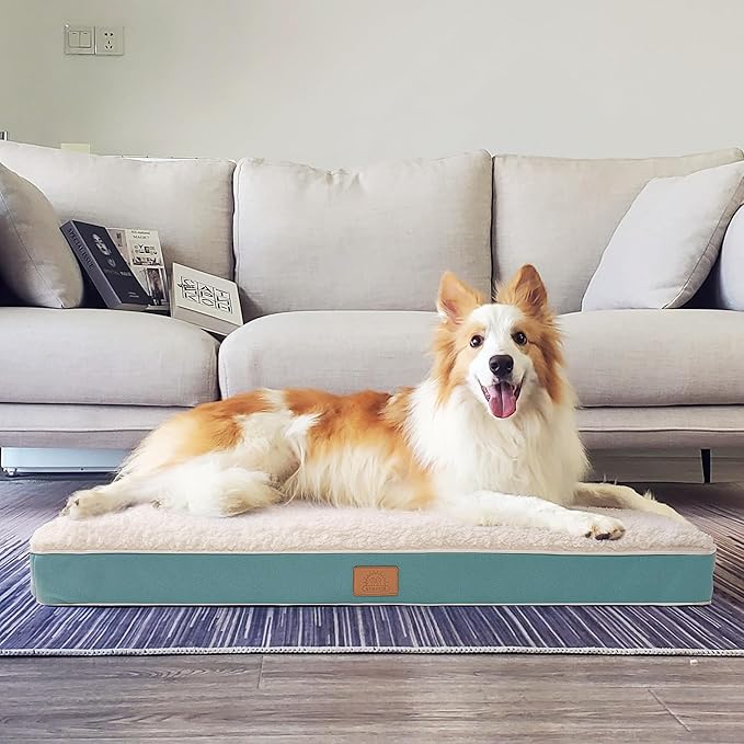 Orthopedic Dog Bed for Large Dogs and Extra Large Dogs, XL Waterproof Dog Bed with Removable Washable Cover & Anti-Slip Bottom, Crate Bed, Deluxe Plush Pet Bed Mat, L-Plus(36"X27"X3"), Blue