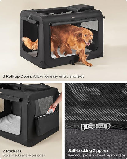 Feandrea 48 Inches Collapsible Soft Dog Crate, Portable Travel Dog Crate for Indoor and Outdoor Use, Dog Carrier Kennel with Safety Zippers, for Living Room, Car, Travelling, Camping, Black UPDC12H