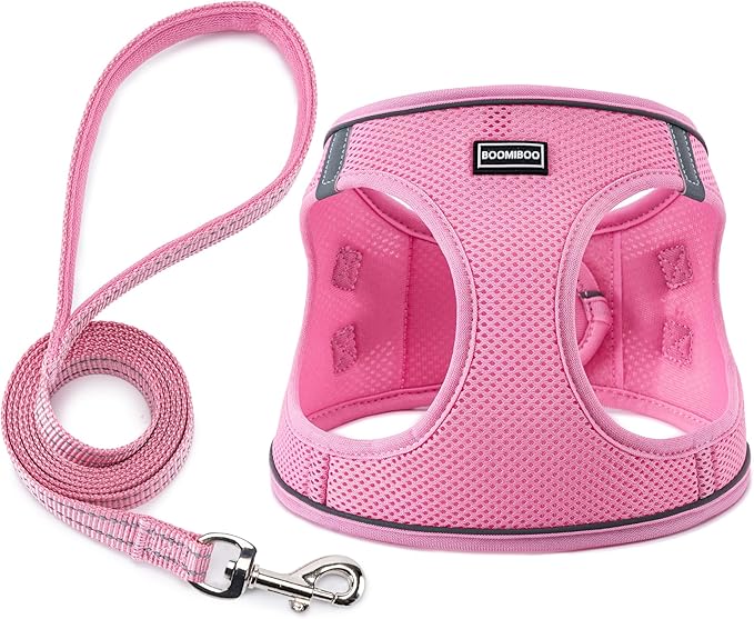 BOOMIBOO Dog Harness with Leash Set, No Pull Adjustable Reflective Step-in Puppy Pet Vest Harnesses for Small Medium Large Dogs and Cats,Pink M