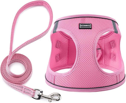 BOOMIBOO Dog Harness with Leash Set, No Pull Adjustable Reflective Step-in Puppy Pet Vest Harnesses for Small Medium Large Dogs and Cats,Pink M