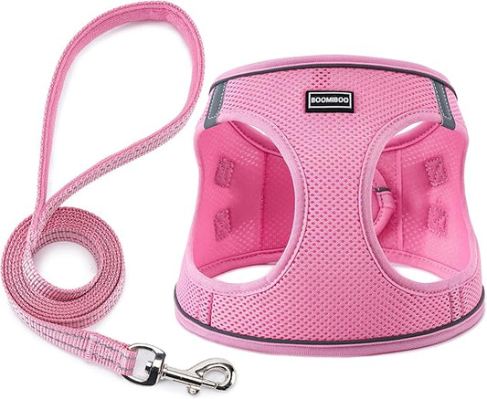 BOOMIBOO Dog Harness with Leash Set, No Pull Adjustable Reflective Step-in Puppy Pet Vest Harnesses for Small Medium Large Dogs and Cats,Pink M