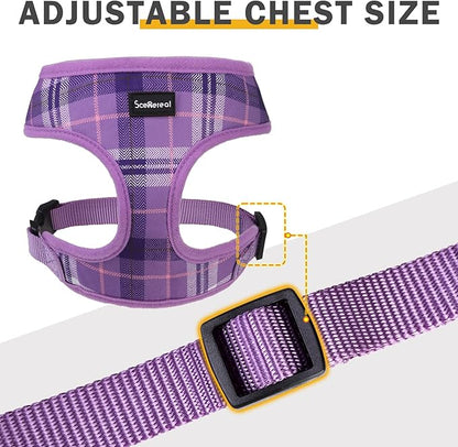 SCENEREAL No Pull Dog Harness Collar and Leash Set Small Medium Sized Dog, Soft Mesh Puppy Harnesses, No Chock Plaid Adjustable Pet Vest for Outdoor Walking Training and Running, Purple M