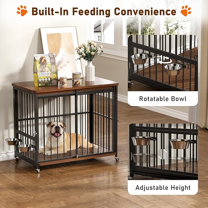 Cofiyard Dog Crate Furniture, 42’’ Wooden Dog Kennel Indoor with Sliding Front Door, Multi-Side Openings & Feeding Window Pet Cage House as TV Stand