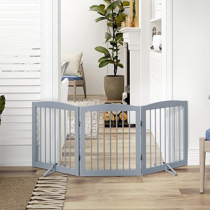 PUPETPO Freestanding Pet Gate for Dogs, Foldable Wooden Dog Gate for House, Indoor Dog Gate for Doorways, Stairs, Gates for Dogs Indoor, Support Feet Included, 24" Height 3 Panels, Grey
