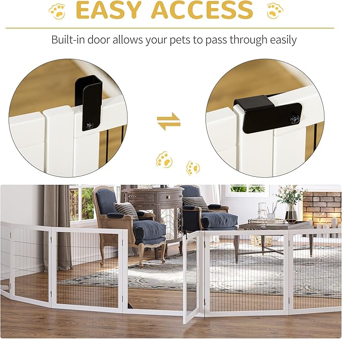 Wooden Dog Gate, 170" Freestanding Pet Gate, 6-Panel Foldable Dog Safety Barrier with 2 Support Feet for House Doorway Stairs, Small and Medium Dogs, White