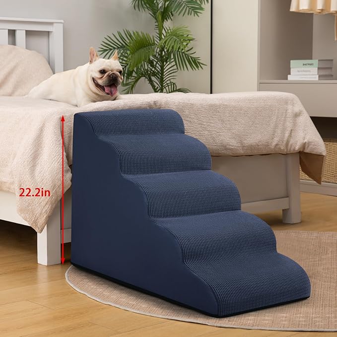 Aodisman 5-Step Dog Stairs and Ramp for High Bed, Non-Slip Sturdy Pet Steps for Small Dogs and Cats,22.2" H,Blue