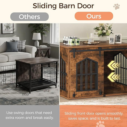 MAHANCRIS Dog Crate Furniture, 31.5" Farmhouse Dog Kennel with Sliding Barn Door, Wooden Dog Cage for Small Medium Dogs, Decorative Pet House Side End Table, Chew-Resistant, Rustic Brown DCHR9601