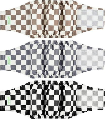 wegreeco Washable Male Dog Belly Band (Stylish Pattern)- Pack of 3 - Washable Male Dog Belly Wrap, Dog Diapers Male (Black, Grey, Dark Coffee Checkerboard, Large)