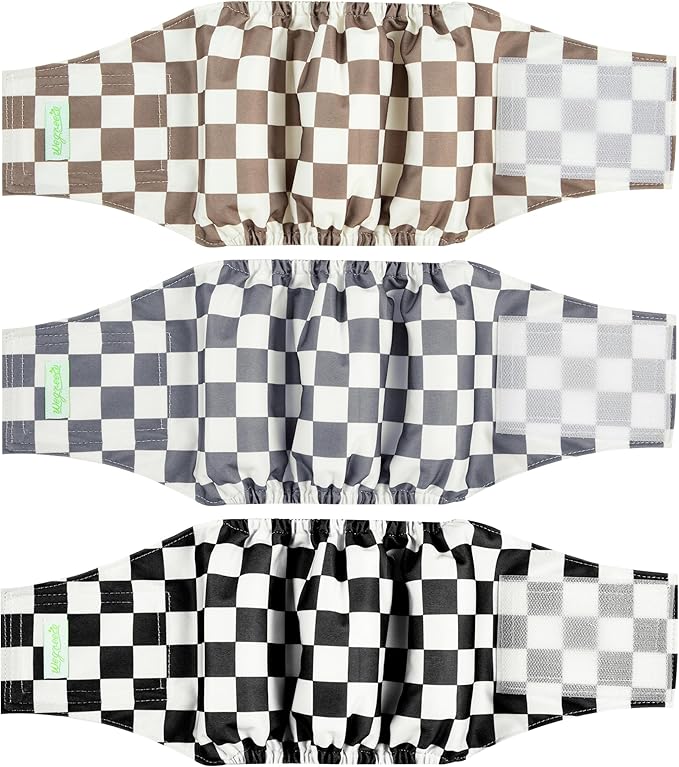 wegreeco Washable Male Dog Belly Band (Stylish Pattern)- Pack of 3 - Washable Male Dog Belly Wrap, Dog Diapers Male (Black, Grey, Dark Coffee Checkerboard, X-Small)