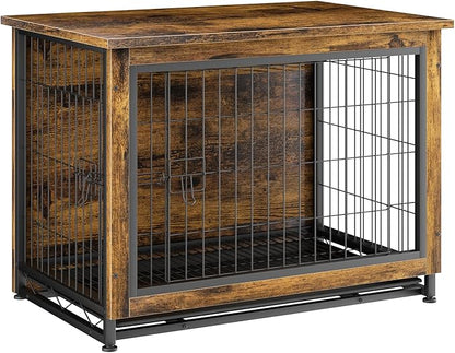 JY QAQA Dog Crate Furniture, Wooden Dog Crate Table, Double-Doors Dog Furniture, Indoor Kennel, Dog Cage/Brown/M
