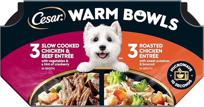 Cesar Warm Bowls Wet Dog Food Variety Pack: Chicken & Beef; and Chicken Entrees, Wet Food for Dogs, 2.7 oz Bowls, 6 Count (Pack of 2)