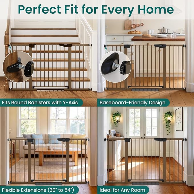 Cumbor 2-Pack Baby & Dog Gates Bundle, 29.7-51.5" & 30-54" Extra Wide Safety Gates for Stairs Doorways Hallways, Dual Lock Auto Close Easy Install Pet Gate, Brown