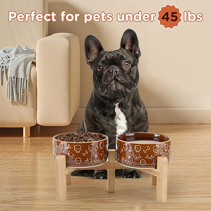 SPUNKYJUNKY Elevated Dog Bowls Ceramic, 6.1'' Dogs and Cat Food Water Bowls Raised with Non-Slip Bamboo Stand for Medium Sized Breed Microwave Dishwasher Safe - 28.7 OZ,Skull Bronze
