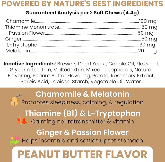 Calming Chews for Dogs - 120 Anxiety Relief Treats for Fireworks, Thunder, and Storms - Peanut Butter Flavor - Natural Dog Calming Treats with Thiamine, L-Tryptophan, Ginger, and Melatonin
