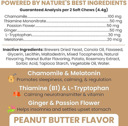 Calming Chews for Dogs - 120 Anxiety Relief Treats for Fireworks, Thunder, and Storms - Peanut Butter Flavor - Natural Dog Calming Treats with Thiamine, L-Tryptophan, Ginger, and Melatonin