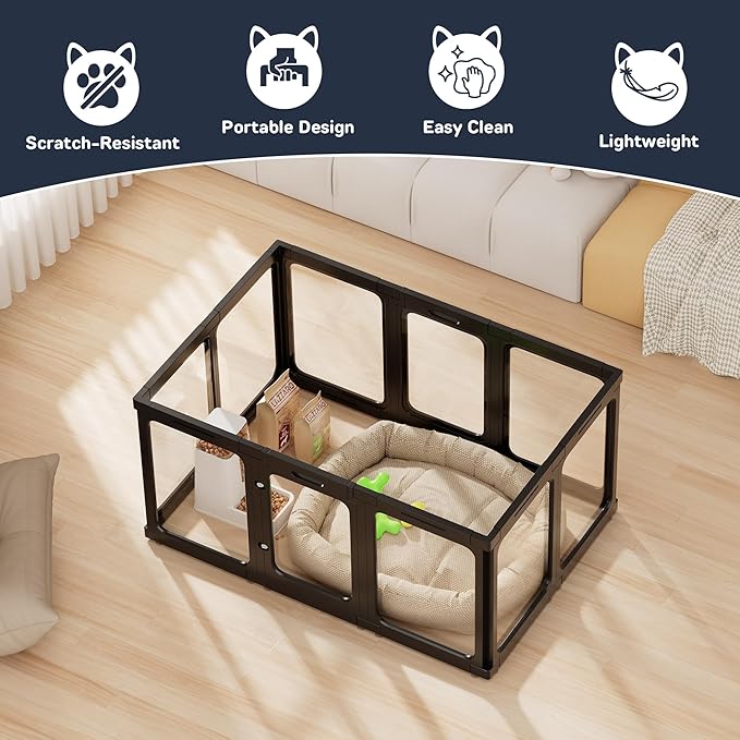 Jalove Acrylic Dog Playpen Indoor, 24“ H Plastic Pet Playpen with Door, Clear Pet Play Pen for Puppy Cat Rabbit Ferret, Easy Assemble Dog Pen, Preferable for Small Cage, Black 10 PCS