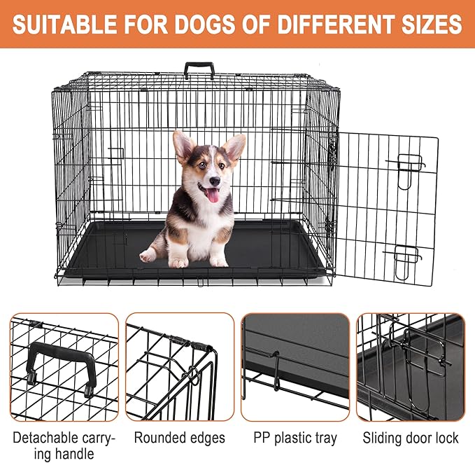 30/36/42 Inches Double Door Dog Crate Folding Metal Wire Dog Kennel Cage with Tray for Small/Medium/Large Dogs Indoor Outdoor Travel Use