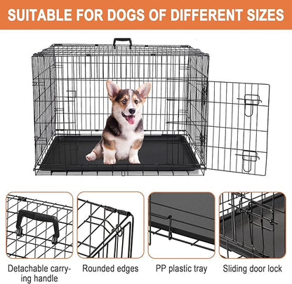 30/36/42 Inches Double Door Dog Crate Folding Metal Wire Dog Kennel Cage with Tray for Small/Medium/Large Dogs Indoor Outdoor Travel Use