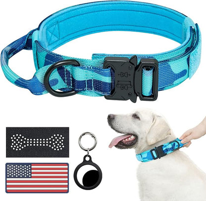 Hotsky Tactical Dog Collar, Adjustable Military Training Nylon Airtag Collar with Handle and Heavy Duty Metal Buckle for Medium Large Dogs, with Airtag Holder and Two Patches （Blue Camo,M）