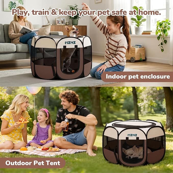 Dog Cat Playpen, Portable Puppy Pet Crate Indoor for Small Dogs Cats Rabbits, Foldable Dog Cage Enclosure for Outdoor, Pop Up Dogs Tent Kennel with Carrying Case, Brown