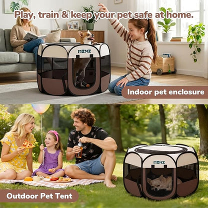 Dog Cat Playpen, Portable Puppy Pet Crate Indoor for Small Dogs Cats Rabbits, Foldable Dog Cage Enclosure for Outdoor, Pop Up Dogs Tent Kennel with Carrying Case, Brown