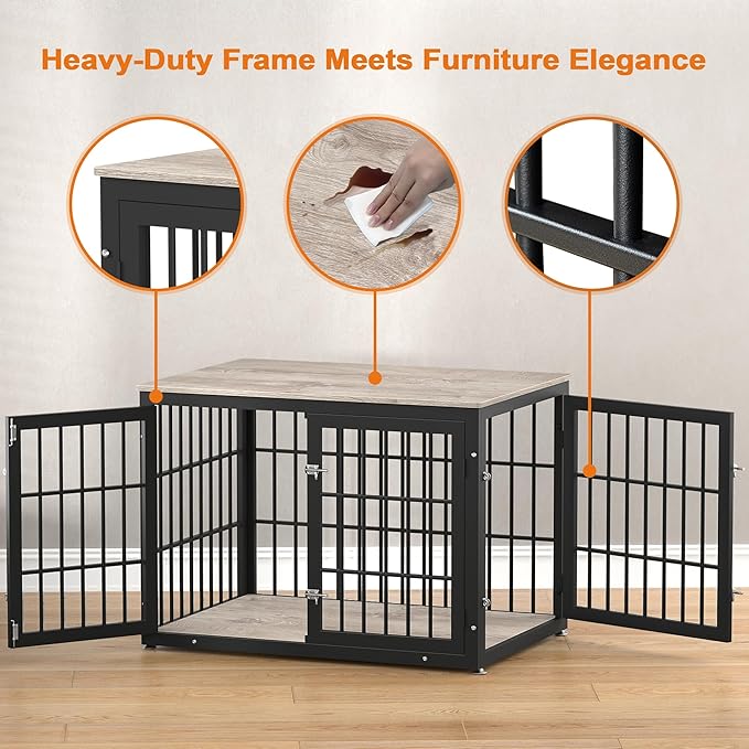 rehomerance 42 Inch Heavy Duty Dog Crate Furniture for Large and Medium Dogs, Decorative Pet House End Table, Wooden Cage Kennel Furniture Indoor, Grey