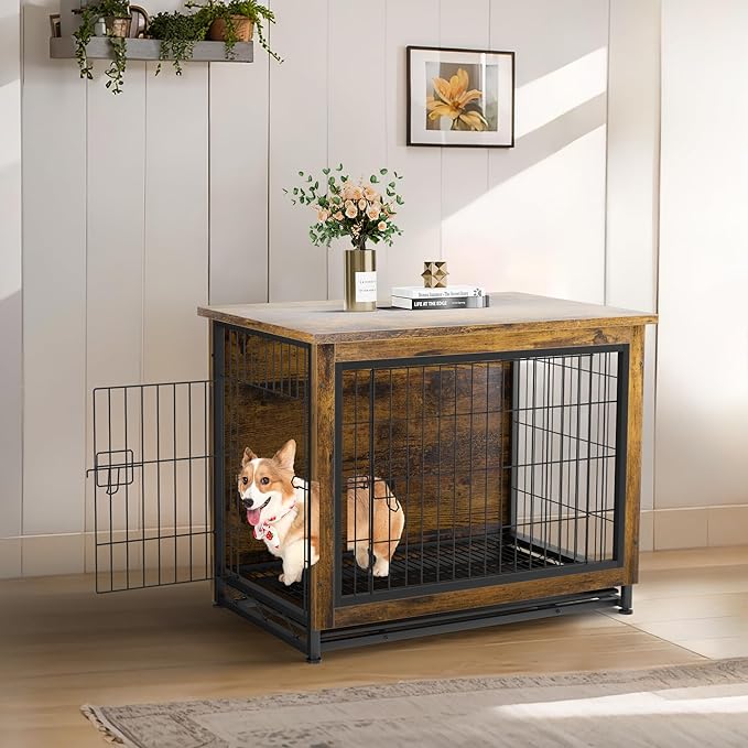 JY QAQA Dog Crate Furniture, Wooden Dog Crate Table, Double-Doors Dog Furniture, Indoor Kennel, Dog Cage/Brown/M
