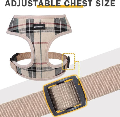 SCENEREAL No Pull Dog Harness Collar and Leash Set for Small Sized Dogs, Soft Mesh Plaid Harnesses for Fall Winter, Adjustable Pet Vest for Outdoor Walking Training and Running
