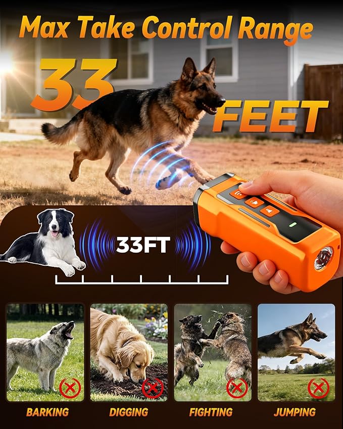 Dog Bark Deterrent Devices, 6 Modes 3X Ultrasonic Anti Barking Device for Dogs, 33 FT Range Barks No More Indoors Neighbor Outdoors with Flashlight,Dog Training Device