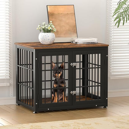 rehomerance 32 Inch Heavy Duty Dog Crate Furniture for Medium and Small Dogs, Decorative Pet House End Table, Wooden Cage Kennel Furniture Indoor, Rustic Brown