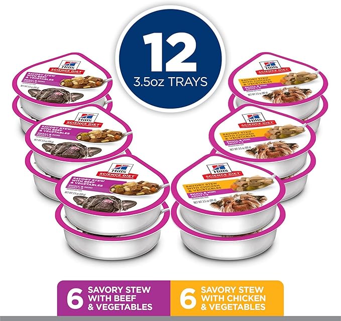 Hill's Science Diet Small & Mini, Adult 1-6, Small & Mini Breeds Premium Nutrition, Wet Dog Food, Variety Pack: Chicken & Vegetables; Salmon & Vegetables Stew, 3.5 oz Tray Variety Pack, Case of 12