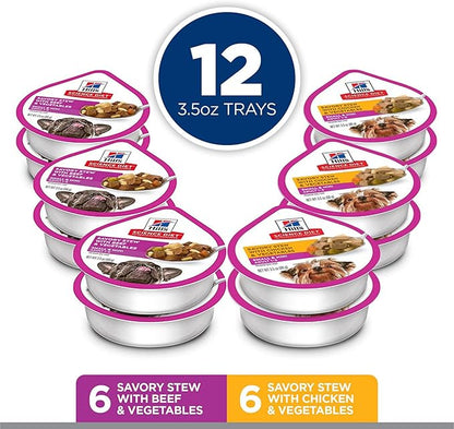 Hill's Science Diet Small & Mini, Adult 1-6, Small & Mini Breeds Premium Nutrition, Wet Dog Food, Variety Pack: Chicken & Vegetables; Salmon & Vegetables Stew, 3.5 oz Tray Variety Pack, Case of 12