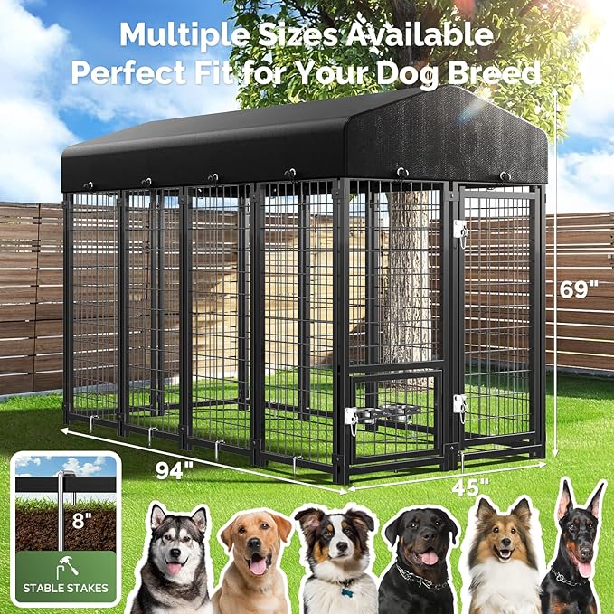 Sino Luban 2PCS Outdoor Dog Kennel Outside Run with Doggy Door, Swivel Feeder&Roof - 8x4x6FT Large Dog Kennels Pens Outside for Large Dogs Breed - Heavy Duty Cage (Can Connect to Your Dog House)