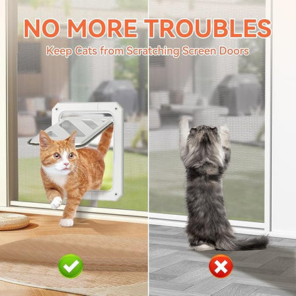 LIBBEPET Cat Door for Screen Door, Lockable Cat Screen Door for Cats & Small Dogs Up to 20 lbs, Magnetic Flap Opening 7 x 9 inches, Equipped with Interactive Cat Toy & Installation Tools, White