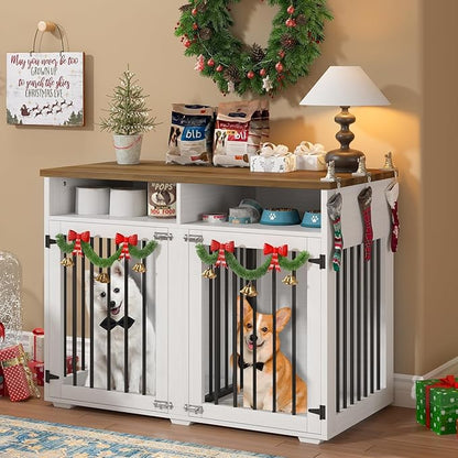 REVOMINCA 41" Dog Crate Furniture with Removable Divider, Decorative Dog Kennel with Storage Compartment, Heavy-Duty Indoor Dog Cage for 2 Small Dogs or 1 Medium, White