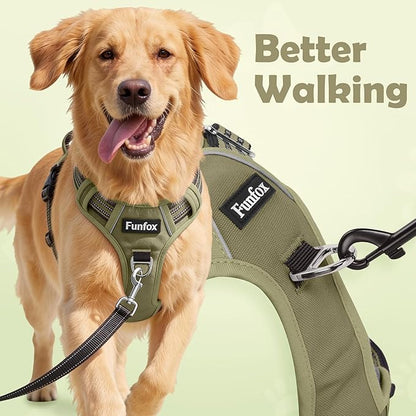 Funfox Dog Harness No Pull, Adjustable Pet Vest Harness, Super Soft Material with Vertical Handle Easy Control, Reflective Night Walking, 2 Leash Clips for XLarge Dogs, Army Green, XL