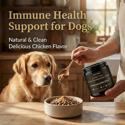 Turkey Tail Mushroom for Dogs – Ultra 7-in-1 Mushroom Powder with Beta-Glucans, Immune, Digestive & Brain Support, Chicken Liver Flavor, Daily Supplement for Dogs