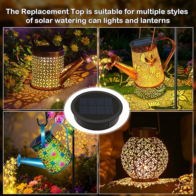 YJFWAL Solar Watering Can Lights Replacement Top, 3.6in Round Panel with 3.5Ft 80 Led Copper Wire String Lights for Solar Lantern Water Can Battery Box Accessories