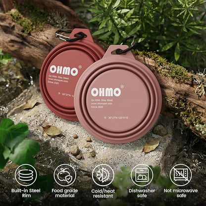OHMO Collapsible Dog Water Bowls w/Built-in Stainless Steel Ring – 2pcs Small 12oz/400ml Portable Silicone Pet Feeding Bowl for Hiking, Camping, Travel