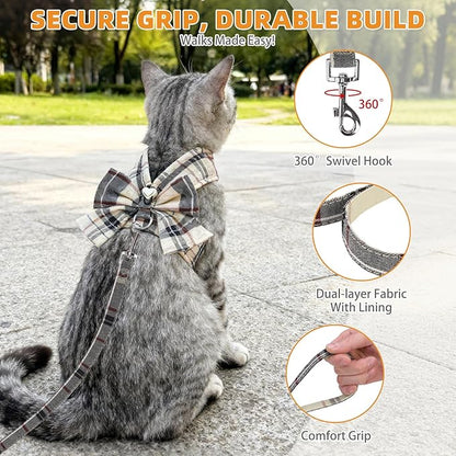 KOOLTAIL Cute Cat Harness and Leash Set with Bowtie, Small Dog Vest Harnesses, Step in No Pull Soft Mesh Padded Adjustable Plaid Pet Harness for Extra-Samll Medium Puppy Kitten, Boy Girl, Beige XS