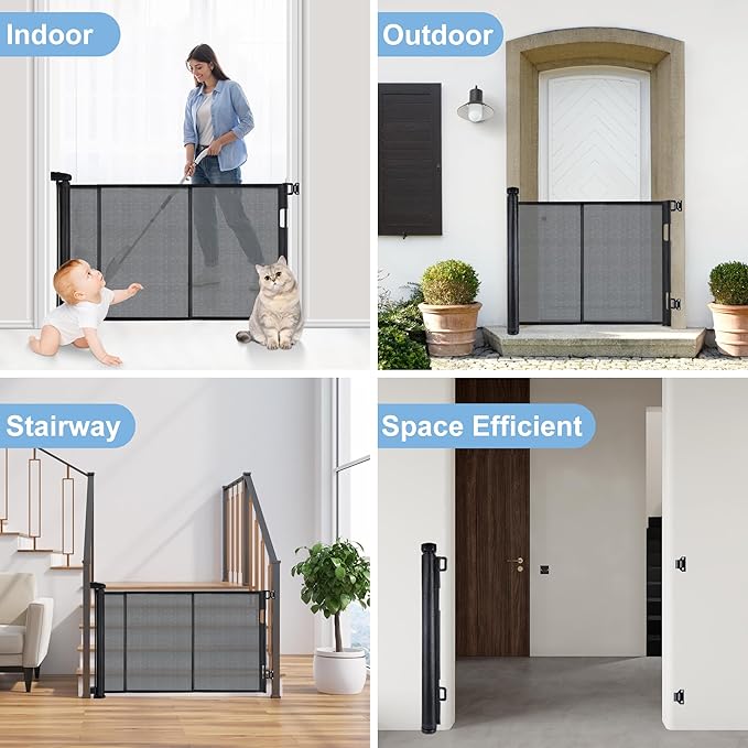 120 inches Extra Wide Baby Gate, 34 inches Tall Retractable Pet Gate for Large Openings, Hallways, Room Dividers, Mesh Safety Barrier for Indoor Outdoor Use, Black